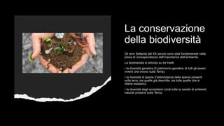 La conservazione
della biodiversità
Gli anni Settanta del XX secolo sono stati fondamentali nella
presa di consapevolezza dell’importanza dell’ambiente.
La biodiversità si articola su tre livelli:
• la diversità genetica (il patrimonio genetico di tutti gli esseri
viventi che vivono sulla Terra);
• la diversità di specie (l’abbondanza delle specie presenti
sulla terra, sia quelle già descritte, sia tutte quelle che si
ritiene esistano);
• la diversità degli ecosistemi (cioè tutta la varietà di ambienti
naturali presenti sulla Terra).
 