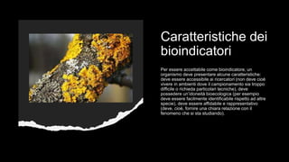 Caratteristiche dei
bioindicatori
Per essere accettabile come bioindicatore, un
organismo deve presentare alcune caratteristiche:
deve essere accessibile ai ricercatori (non deve cioè
vivere in ambienti dove il campionamento sia troppo
difficile o richieda particolari tecniche), deve
possedere un’idoneità bioecologica (per esempio
deve essere facilmente identificabile rispetto ad altre
specie), deve essere affidabile e rappresentativo
(deve, cioè, fornire una chiara relazione con il
fenomeno che si sta studiando).
 