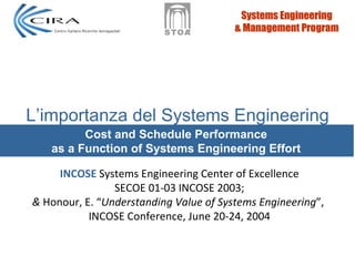 L’importanza del Systems Engineering
         Cost and Schedule Performance
   as a Function of Systems Engineering Effort

     INCOSE Systems Engineering Center of Excellence
                SECOE 01-03 INCOSE 2003;
& Honour, E. “Understanding Value of Systems Engineering”,
           INCOSE Conference, June 20-24, 2004
 
