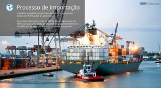 Sistemas
Processo de Importação
Interface amigável e organizada de forma a apresentar
todos as informações do processo.
O processo de importação no ERP Spalla e organizado em
fases, tal qual uma pasta de documentos, para concentrar e
simpliﬁcar a localização das informações e sua gestão.
 