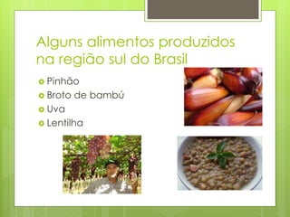 Alguns alimentos produzidos 
na região sul do Brasil 
 Pinhão 
 Broto de bambú 
 Uva 
 Lentilha 
 