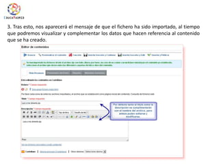 3. Tras esto, nos aparecerá el mensaje de que el fichero ha sido importado, al tiempo que podremos visualizar y complementar los datos que hacen referencia al contenido que se ha creado.