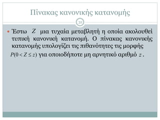 Πίνακας κανονικής κατανομής
 Έστω μια τυχαία μεταβλητή η οποία ακολουθεί
τυπική κανονική κατανομή. Ο πίνακας κανονικής
κατανομής υπολογίζει τις πιθανότητες τις μορφής
για οποιοδήποτε μη αρνητικό αριθμό .
Z
(0 )P Z z  z
32
 
