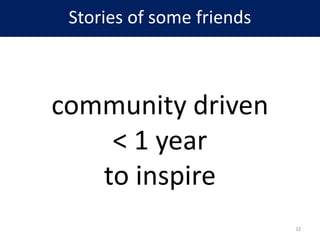 Stories of some friends
community driven
< 1 year
to inspire
32
 