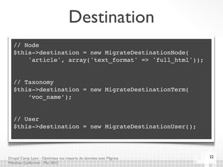 Destination
   // Node
   $this->destination = new MigrateDestinationNode(
       'article', array('text_format' => 'full_...
