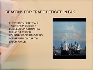 REASONS FOR TRADE DEFICITE IN PAK ELECTRICITY SHORTFALL POLITICAL INSTABILITY BUISNESS OPPORTUNITIES RISING OIL PRICES COUNTRY CROP SMUGGLING LOE RETURN ON CAPITAL LABOR FORCE 