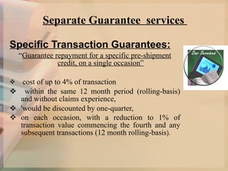 Separate Guarantee  services  Specific Transaction Guarantees: “ Guarantee repayment for a specific pre-shipment credit, on a single occasion” cost of up to 4% of transaction within the same 12 month period (rolling-basis) and without claims experience,  'would be discounted by one-quarter,  on each occasion, with a reduction to 1% of transaction value commencing the fourth and any subsequent transactions (12 month rolling-basis ).  