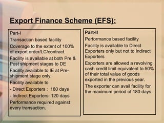 Export Finance Scheme (EFS): Part-I Transaction based facility Coverage to the extent of 100%   of export order/LC/contract. Facility is available at both Pre & Post shipment stages to DE Facility available to IE at Pre-shipment stage only Facility available to  - Direct Exporters :  180 days  - Indirect Exporters: 120 days Performance required against every transaction. Part-II Performance based facility Facility is available to Direct Exporters only but not to Indirect Exporters Exporters are allowed a revolving cash credit limit equivalent to 50% of their total value of goods exported in the previous year. The exporter can avail facility for the maximum period of 180 days.  