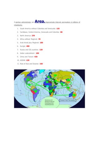 A partner administrator per Area.Approximate Internet permeation in millions of
inhabitants:
1. South America without Colombia and Venezuela: 125
2. Caribbean, Central America, Venezuela and Colombia: 80
3. North America: 270
4. Africa without Maghreb: 70
5. Arab World plus Maghreb: 100
6. Europe: 400
7. Russia and CIS countries: 120
8. Indian subcontinent: 100
9. China and Taiwan: 420
10. ASEAN: 120
11. Rest of Asia and Oceania: 160
 