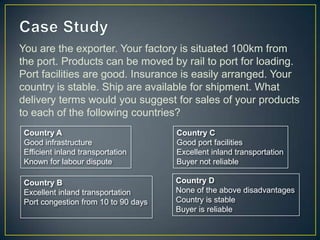 You are the exporter. Your factory is situated 100km from
the port. Products can be moved by rail to port for loading.
Port facilities are good. Insurance is easily arranged. Your
country is stable. Ship are available for shipment. What
delivery terms would you suggest for sales of your products
to each of the following countries?
Country A                            Country C
Good infrastructure                  Good port facilities
Efficient inland transportation      Excellent inland transportation
Known for labour dispute             Buyer not reliable

Country B                            Country D
Excellent inland transportation      None of the above disadvantages
Port congestion from 10 to 90 days   Country is stable
                                     Buyer is reliable
 