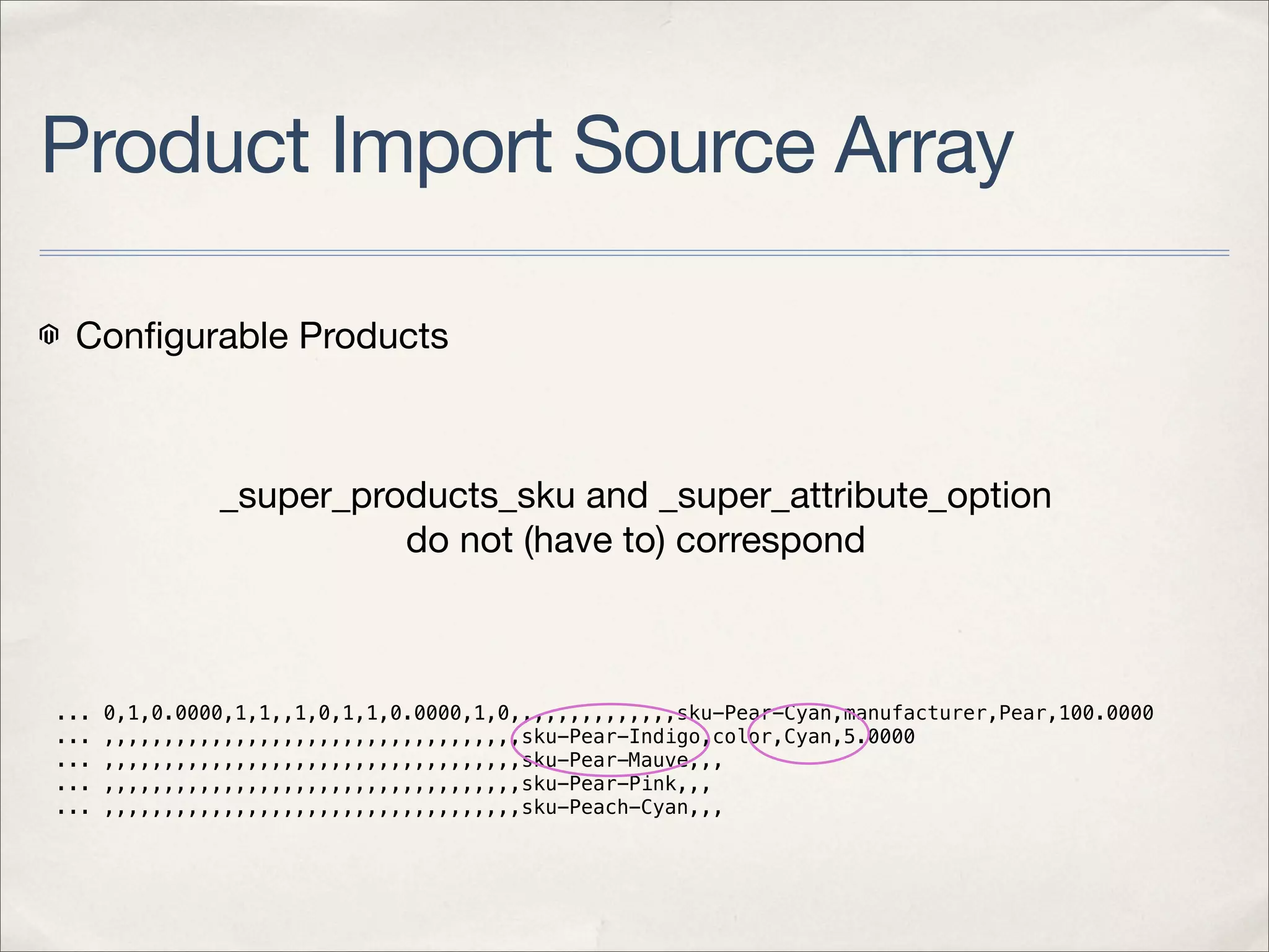 Product Import Source Array

 Conﬁgurable Products



               _super_products_sku and _super_attribute_option
                         do not (have to) correspond



...   0,1,0.0000,1,1,,1,0,1,1,0.0000,1,0,,,,,,,,,,,,,,sku-Pear-Cyan,manufacturer,Pear,100.0000
...   ,,,,,,,,,,,,,,,,,,,,,,,,,,,,,,,,,,,sku-Pear-Indigo,color,Cyan,5.0000
...   ,,,,,,,,,,,,,,,,,,,,,,,,,,,,,,,,,,,sku-Pear-Mauve,,,
...   ,,,,,,,,,,,,,,,,,,,,,,,,,,,,,,,,,,,sku-Pear-Pink,,,
...   ,,,,,,,,,,,,,,,,,,,,,,,,,,,,,,,,,,,sku-Peach-Cyan,,,
 