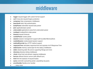 ● logger request logger with custom format support
● csrf Cross-site request forgery protection
● compress Gzip compression middleware
● basicAuth basic http authentication
● bodyParser extensible request body parser
● json application/json parser
● urlencoded application/x-www-form-urlencoded parser
● multipart multipart/form-data parser
● timeout request timeouts
● cookieParser cookie parser
● session session management support with bundled MemoryStore
● cookieSession cookie-based session support
● methodOverride faux HTTP method support
● responseTime calculates response-time and exposes via X-Response-Time
● staticCache memory cache layer for the static() middleware
● static streaming static file server supporting Range and more
● directory directory listing middleware
● vhost virtual host sub-domain mapping middleware
● favicon efficient favicon server (with default icon)
● limit limit the bytesize of request bodies
● query automatic querystring parser, populating req.query
● errorHandler flexible error handler
● …. many more
middleware
 