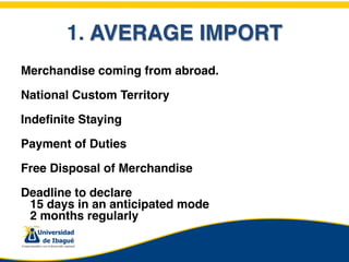 1. AVERAGE IMPORT
Merchandise coming from abroad.

National Custom Territory

Indefinite Staying

Payment of Duties

Free Disposal of Merchandise

Deadline to declare

 15 days in an anticipated mode

 2 months regularly
 