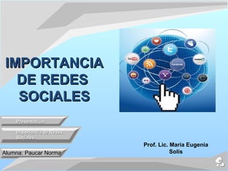 IMPORTANCIA
  DE REDES
  SOCIALES
    Presentación

    Importancia de Redes
    Sociales
                           Prof. Lic. María Eugenia
Alumna: Paucar Norma                  Solís
 