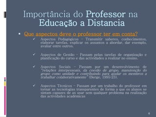 Importância do  Professor  na  Educação a Distancia Que aspectos deve o professor ter em conta? Aspectos Pedagógicos – Transmitir saberes, conhecimentos, elaborar tarefas, explicar os assuntos a abordar, dar exemplo, avaliar entre outros. Aspectos de Gestão – Passam pelas tarefas de organização e planificação do curso e das actividades a realizar no ensino. Aspectos Sociais – Passam por um desenvolvimento de  “relações interpessoais, da coesão de grupo, manutenção do grupo como unidade e contribuindo para ajudar os membros a trabalhar colaborativamente”  (Berge, 1995:23). Aspectos Técnicos – Passam por um trabalho do professor em tornar as tecnologias transparentes de forma a que os alunos se sintam capazes de as usar sem qualquer problema na realização das actividades académicas 
