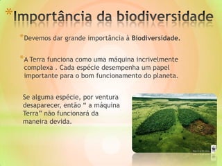 *
* Devemos dar grande importância à Biodiversidade.
* A Terra funciona como uma máquina incrivelmente
complexa . Cada espécie desempenha um papel
importante para o bom funcionamento do planeta.
Se alguma espécie, por ventura
desaparecer, então “ a máquina
Terra” não funcionará da
maneira devida.