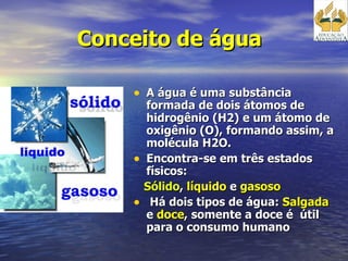 Conceito de água   A água é uma substância formada de dois átomos de hidrogênio (H2) e um átomo de oxigênio (O), formando assim, a molécula H2O.  Encontra-se em três estados físicos: Sólido ,  líquido  e  gasoso Há dois tipos de água:  Salgada  e  doce , somente a doce é  útil para o consumo humano 