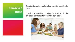 Convívio à
mesa
Conotação social e cultural da comida também faz
parte.
Cozinhar e conviver à mesa na companhia dos
amigos e familiares fomentam o bem-estar.
 