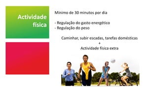 Actividade
física
Mínimo de 30 minutos por dia
- Regulação do gasto energético
- Regulação do peso
Caminhar, subir escadas, tarefas domésticas
+
Actividade física extra
 