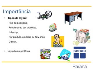 ImportânciaTipos de layout:Fixo ou posicional.Funcional ou por processo.Jobshop.Por produto, em linha ou flow shop.Celular.Layout em escritórios.