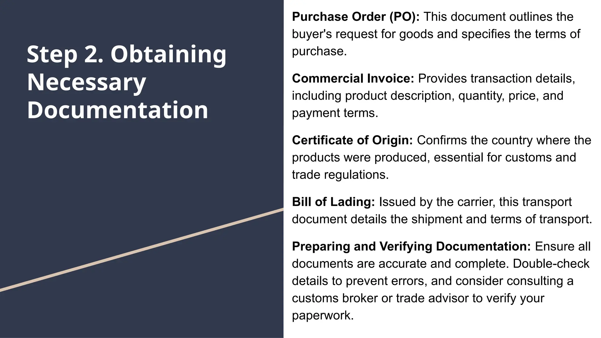 Step 2. Obtaining
Necessary
Documentation
Purchase Order (PO): This document outlines the
buyer's request for goods and specifies the terms of
purchase.
Commercial Invoice: Provides transaction details,
including product description, quantity, price, and
payment terms.
Certificate of Origin: Confirms the country where the
products were produced, essential for customs and
trade regulations.
Bill of Lading: Issued by the carrier, this transport
document details the shipment and terms of transport.
Preparing and Verifying Documentation: Ensure all
documents are accurate and complete. Double-check
details to prevent errors, and consider consulting a
customs broker or trade advisor to verify your
paperwork.
 