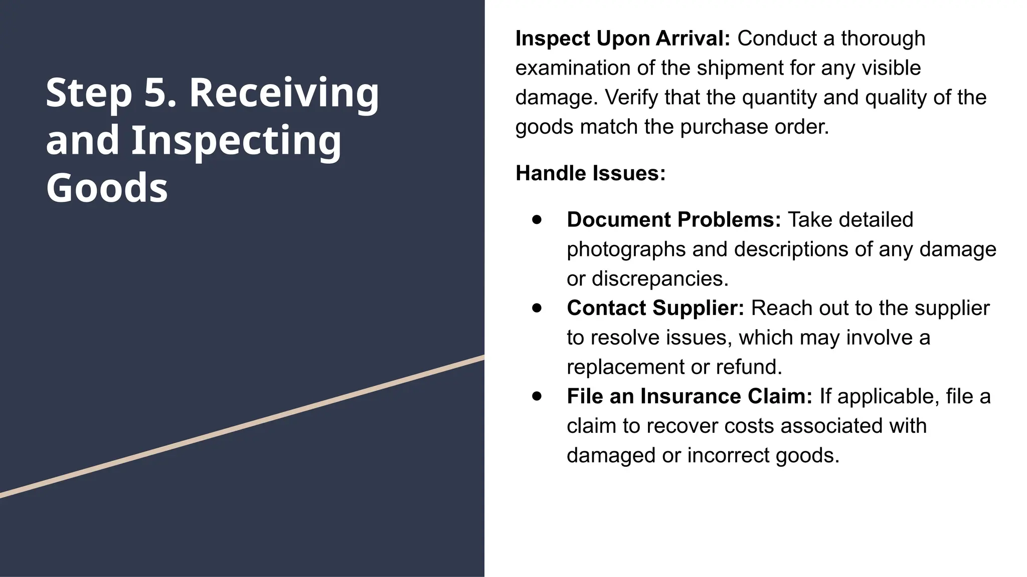 Step 5. Receiving
and Inspecting
Goods
Inspect Upon Arrival: Conduct a thorough
examination of the shipment for any visible
damage. Verify that the quantity and quality of the
goods match the purchase order.
Handle Issues:
● Document Problems: Take detailed
photographs and descriptions of any damage
or discrepancies.
● Contact Supplier: Reach out to the supplier
to resolve issues, which may involve a
replacement or refund.
● File an Insurance Claim: If applicable, file a
claim to recover costs associated with
damaged or incorrect goods.
 