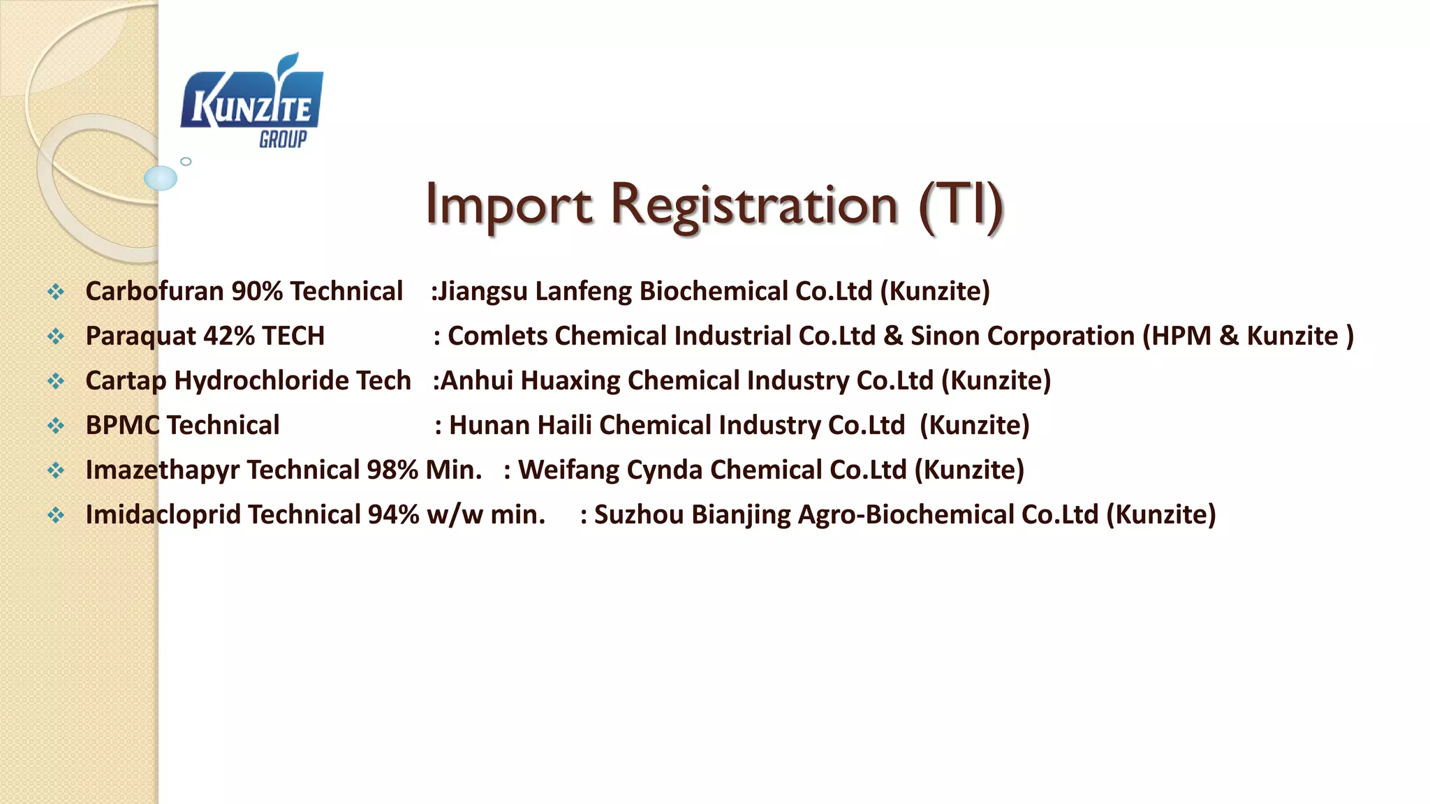 Import Registration (TI)
 Carbofuran 90% Technical :Jiangsu Lanfeng Biochemical Co.Ltd (Kunzite)
 Paraquat 42% TECH : Comlets Chemical Industrial Co.Ltd & Sinon Corporation (HPM & Kunzite )
 Cartap Hydrochloride Tech :Anhui Huaxing Chemical Industry Co.Ltd (Kunzite)
 BPMC Technical : Hunan Haili Chemical Industry Co.Ltd (Kunzite)
 Imazethapyr Technical 98% Min. : Weifang Cynda Chemical Co.Ltd (Kunzite)
 Imidacloprid Technical 94% w/w min. : Suzhou Bianjing Agro-Biochemical Co.Ltd (Kunzite)
 