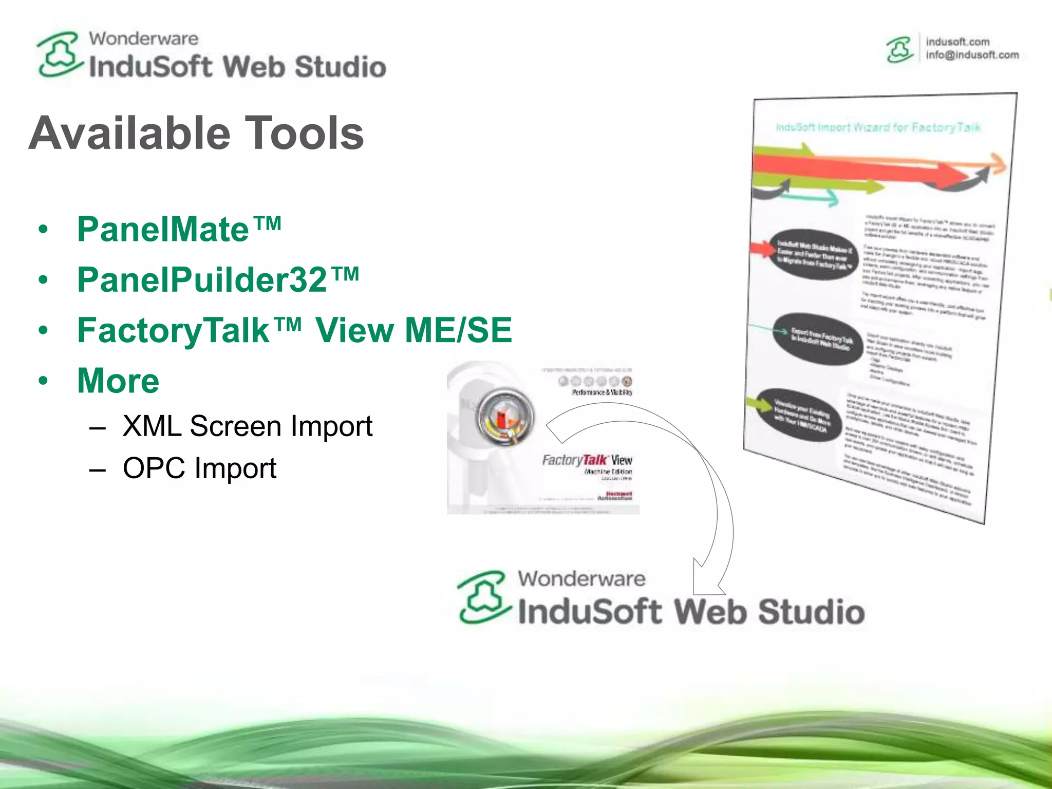 Available Tools
• PanelMate™
• PanelPuilder32™
• FactoryTalk™ View ME/SE
• More
– XML Screen Import
– OPC Import
 