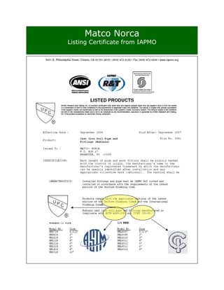 Matco Norca
Listing Certificate from IAPMO
 