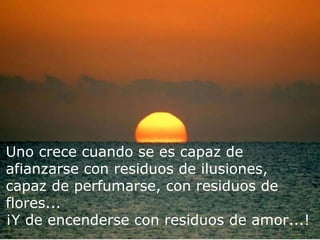 Uno crece cuando se es capaz de  afianzarse con residuos de ilusiones, capaz de perfumarse, con residuos de flores... ¡Y de encenderse con residuos de amor...! 