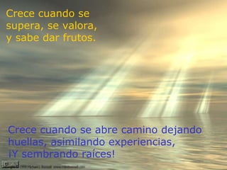 Crece cuando se supera, se valora,  y sabe dar frutos. Crece cuando se abre camino dejando huellas, asimilando experiencias,  ¡Y sembrando raíces! 