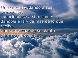 Uno crece ayudando a sus  semejantes, conociéndose a sí mismo y  dándole a la vida más de lo que recibe. Uno crece cuando se planta  para no retroceder... 