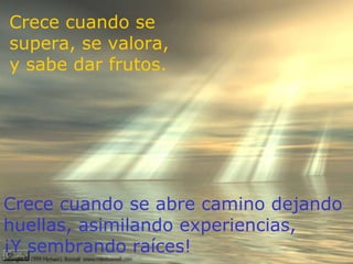 Crece cuando se supera, se valora,  y sabe dar frutos. Crece cuando se abre camino dejando huellas, asimilando experiencias,  ¡Y sembrando raíces! 