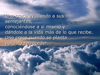 ¿Sentiste rencor? ..... Fue para poder perdonar.  Uno crece ayudando a sus  semejantes, conociéndose a sí mismo y  dándole a la vida más de lo que recibe. Uno crece cuando se planta  para no retroceder... 