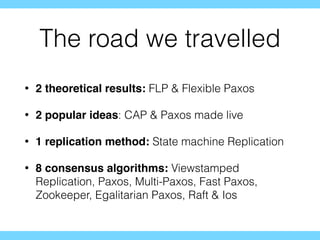 The road we travelled
• 2 theoretical results: FLP & Flexible Paxos
• 2 popular ideas: CAP & Paxos made live
• 1 replication method: State machine Replication
• 8 consensus algorithms: Viewstamped
Replication, Paxos, Multi-Paxos, Fast Paxos,
Zookeeper, Egalitarian Paxos, Raft & Ios
 