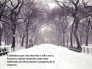 Caminhava por ruas desertas e sob a neve. Encarava aquele momento como uma dedicação em oferecimento à proposta de te esquecer. 