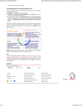 Tweet 0 Share
«vincenti» dell’azienda o della famiglia.
Un templategeneralistadi valuepropositionperlePmi
Anche in periodi di crisi una buona piccola o media impresa vive e sopravvive
di poche cose importanti:
la ﬁducia che ha stabilito con clienti e fornitori;
il prezzo e la qualità del proprio prodotto e, o, servizio rispetto alla
concorrenza e alle aspettative dei clienti;
la capacità di razionalizzare e rendere eﬃcienti tutti i processi di business
(dall'approvvigionamento di mezzi, risorse e materie prime, alla distribuzione
al mercato), scegliendo i partners più adatti ed adoperando il personale
giusto.
Seguendo le indicazioni di Kaplan e Norton, la declinazione strategica dei temi
indicati nelle quattro prospettive Balanced Scorecard, per il segmento delle
piccole e medie imprese italiane (ma anche europee), è rappresentato nel
graﬁco seguente.
Figura 1 Value proposition per le Pmi; i driver strategici nelle 4 prospettive
balanced scorecard, declinati per le Pmi, italiane ed europee
Fonti
(1) Paolo Petrucciani, Riccardo Antonini: «L'innovazione nelle PMI: nuovi
approcci, nuovi paradigmi e nuovi signiﬁcati del valore», relazione, atti del
Convegno nazionale Aif-Apco del settore Piccole e medie Imprese: «Le Pmi e
le sﬁde dell'innovazione e della globalizzazione», 24 maggio 2007 (presso
Poste Italiane).
Leggianche
Paolo Petrucciani (2016), Partnership, consulenza o temporary manager?, 9
febbraio 2016, OﬃcineEinstein.
CHI SIAMO
CONTATTACI
COLOPHON E DISCLAIMER
SETTIMANALE
POLITICHE DI COMUNICAZIONE
ECONOMIA DELLA CONOSCENZA
RETI E SOCIAL NETWORK
APPRENDIMENTO IN EVOLUZIONE 
VERSO UN NUOVO MODELLO DI SVILUPPO
COMPORTAMENTI AZIENDALI
ETICA E BENI COMUNI
AMMINISTRAZIONE CONDIVISA
SVILUPPO E IDENTITÀ LOCALE
HABITAT DEL TERZO MILLENNIO
DESIGN E GRAFICA
IMMAGINI E REALTA'
0Mi piaceMi piace ShareShare
Impostare la Value proposition http://officineeinstein.eu/index.php/organizzazione-aziendale/884-continu...
3 di 3 27/02/2016 10.16
 
