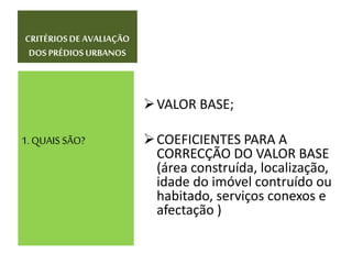 VALOR BASE;
COEFICIENTES PARA A
CORRECÇÃO DO VALOR BASE
(área construída, localização,
idade do imóvel contruído ou
habitado, serviços conexos e
afectação )
1. QUAIS SÃO?
CRITÉRIOSDE AVALIAÇÃO
DOS PRÉDIOS URBANOS
 