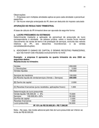10
Observações:
1 – Empresas com múltiplas atividades aplica-se para cada atividade o percentual
específico.
2 – Se houve retenção antecipada do IR, deve ser deduzido do imposto calculado
APURAÇÃO DO RESULTADO TRIMESTRAL
A base de cálculo do IR trimestral deve ser apurada da seguinte forma:
a. LUCRO PRESUMIDO OU ESTIMADO
Determinando mediante a aplicação do percentual de presunção do lucro
correspondente á atividade da pessoa jurídica, sobre a receita bruta mensal
(faturamento) da venda de bens e de prestação de serviços, excluída dos valores
relativos ao IPI, aos descontos incondicionais e às vendas
canceladas(devoluções).
b. ADICIONAR O GANHO DE CAPITAL E DEMAIS RECEITAS FINANCEIRAS,
que não tiverem sido tributadas exclusivamente na fonte
Exemplo: a empresa X apresenta no quarto trimestre do ano 2002 os
seguintes dados:
Receita bruta no trimestre:
Vendas 200.000
(-) Devoluções - 5.000
Vendas líquidas 195.000
Serviços de mecânica 100.000
[A] Receita líquida de venda/serviços (Venda + Serviços) 295.000
[B] Ganho de capital 2.000
[C] Receitas financeiras (juros recebidos, aplicações financ) 1.000
Determinação do lucro presumido
Venda líquida 195.000,00 x 8% 15.600
Serviços 100.000,00 x 32% 32.000
Ganhos de capital 2.000
Receitas financeiras 1.000
Lucro presumido 50.600
IR 15% de R$ 50.600,00 = R$ 7.590,00
Nota – No caso, não incide adicional pelo fato do lucro presumido ser inferior ao
limite de R$ 60.000,00
 