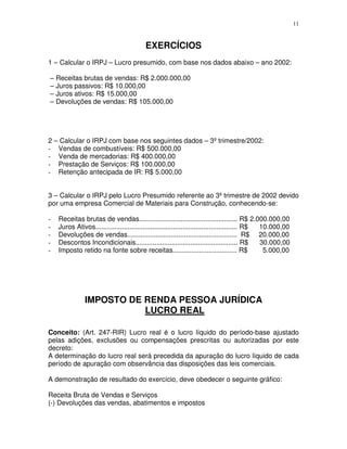 11
EXERCÍCIOS
1 – Calcular o IRPJ – Lucro presumido, com base nos dados abaixo – ano 2002:
– Receitas brutas de vendas: R$ 2.000.000,00
– Juros passivos: R$ 10.000,00
– Juros ativos: R$ 15.000,00
– Devoluções de vendas: R$ 105.000,00
2 – Calcular o IRPJ com base nos seguintes dados – 3º trimestre/2002:
- Vendas de combustíveis: R$ 500.000,00
- Venda de mercadorias: R$ 400.000,00
- Prestação de Serviços: R$ 100.000,00
- Retenção antecipada de IR: R$ 5.000,00
3 – Calcular o IRPJ pelo Lucro Presumido referente ao 3º trimestre de 2002 devido
por uma empresa Comercial de Materiais para Construção, conhecendo-se:
- Receitas brutas de vendas.................................................... R$ 2.000.000,00
- Juros Ativos........................................................................... R$ 10.000,00
- Devoluções de vendas.......................................................... R$ 20.000,00
- Descontos Incondicionais...................................................... R$ 30.000,00
- Imposto retido na fonte sobre receitas.................................. R$ 5.000,00
IMPOSTO DE RENDA PESSOA JURÍDICA
LUCRO REAL
Conceito: (Art. 247-RIR) Lucro real é o lucro líquido do período-base ajustado
pelas adições, exclusões ou compensações prescritas ou autorizadas por este
decreto:
A determinação do lucro real será precedida da apuração do lucro líquido de cada
período de apuração com observância das disposições das leis comerciais.
A demonstração de resultado do exercício, deve obedecer o seguinte gráfico:
Receita Bruta de Vendas e Serviços
(-) Devoluções das vendas, abatimentos e impostos
 