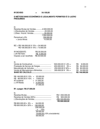 22
IR DEVIDO = 54.100,00
O MÉTODO MAIS ECONÔMICO E LEGALMENTE PERMITIDO É O LUCRO
PRESUMIDO
2)
Receitas Brutas de Vendas.............2.000.000,00
(-)Devoluções de Vendas.....................20.000,00
(-)Desc. Incond. Vendas......................30.000,00
1.950.000,00
Percentual x 8% 156.000,00
+ Juros Ativos 10.000,00
BC = R$ 166.000,00 X 15% = 24.900,00
R$ 106.000,00 X 10% = 10.600,00
IR INCIDENTE: R$ 35.500,00
(-)IR RETIDO: R$ 5.000,00
Imposto a ser recolhido: R$ 30.500,00
4)
Venda de Combustível...................................... 500.000,00 X 1,6% = R$ 8.000,00
Prestação de Serviço de Cargas....................... 450.000,00 X 8% = R$ 36.000,00
Manutenção de Veículos................................... 250.000,00 X 32% = R$ 80.000,00
Venda de Mercadorias e Alimentos................... 300.000,00 X 8% = R$ 24.000,00
BASE DE CÁLCULO.................................................................................. R$ 148.000,00
R$ 148.000,00 X 15% = 22.000,00
R$ 88.000,00 X 10% = 8.800,00
IR incidente = 31.000,00
(-) IR Retido = (4.000,00)
27.000,00
IR a pagar: R$ 27.000,00
5)
Receitas Brutas................................................. R$ 1.500.000,00
Receitas de Vendas (60%)................................ R$ 900.000,00
(-)Devoluções de Vendas.................................. (R$ 100.000,00)
R$ 800.000,00
R$ 800.000,00 x 8% = 64.000,00
R$ 600.000,00 x 32% = 192.000,00
256.000,00
x 15%
38.400,00
19.600,00 (10% s/excedente)
58.000,00
 