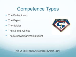 Competence Types
 The Perfectionist

 The Expert
 The Soloist
 The Natural Genius
 The Superwoman/man/student

From Dr. Valerie Young, www.impostorsyndrome.com

 