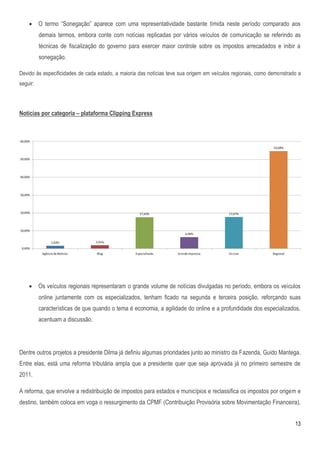  O termo ―Sonegação‖ aparece com uma representatividade bastante tímida neste período comparado aos
          demais termos, embora conte com notícias replicadas por vários veículos de comunicação se referindo as
          técnicas de fiscalização do governo para exercer maior controle sobre os impostos arrecadados e inibir a
          sonegação.

Devido às especificidades de cada estado, a maioria das notícias teve sua origem em veículos regionais, como demonstrado a
seguir:




Notícias por categoria – plataforma Clipping Express




         Os veículos regionais representaram o grande volume de notícias divulgadas no período, embora os veículos
          online juntamente com os especializados, tenham ficado na segunda e terceira posição, reforçando suas
          características de que quando o tema é economia, a agilidade do online e a profundidade dos especializados,
          acentuam a discussão.




Dentre outros projetos a presidente Dilma já definiu algumas prioridades junto ao ministro da Fazenda, Guido Mantega.
Entre elas, está uma reforma tributária ampla que a presidente quer que seja aprovada já no primeiro semestre de
2011.

A reforma, que envolve a redistribuição de impostos para estados e municípios e reclassifica os impostos por origem e
destino, também coloca em voga o ressurgimento da CPMF (Contribuição Provisória sobre Movimentação Financeira),


                                                                                                                       13
 