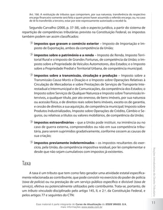 Art. 166. A restituição de tributos que comportem, por sua natureza, transferência do respectivo
     encargo financeiro somente será feita a quem prove haver assumido o referido encargo, ou, no caso
     de tê-lo transferido a terceiro, estar por este expressamente autorizado a recebê-la.

     Segundo Carvalho (2000, p. 37-38), sob o aspecto jurídico, a partir do sistema de
repartição de competências tributárias previsto na Constituição Federal, os impostos
também podem ser assim classificados:

        impostos que gravam o comércio exterior – Imposto de Importação e Im-
        posto de Exportação, ambos da competência da União;

        impostos sobre o patrimônio e a renda – Imposto de Renda, Imposto Terri-
        torial Rural e o Imposto de Grandes Fortunas, de competência da União; o Im-
        posto sobre a Propriedade de Veículos Automotores, dos Estados; e o Imposto
        sobre a Propriedade Predial e Territorial Urbana, de competência municipal;

        impostos sobre a transmissão, circulação e produção – Imposto sobre a
        Transmissão Causa Mortis e Doação e o Imposto sobre Operações Relativas à
        Circulação de Mercadorias e sobre Prestações de Serviços de Transporte Inte-
        restadual e Intermunicipal e de Comunicações, da competência dos Estados; o
        Imposto sobre Serviços de Qualquer Natureza e Imposto sobre Transmissão In-
        tervivos, a qualquer título, por ato oneroso, de bens imóveis, por sua natureza
        ou acessão física, e de direitos reais sobre bens imóveis, exceto os de garantia,
        e cessão de direitos a sua aquisição, de competência municipal; Imposto sobre
        Produtos Industrializados, Imposto sobre Operações de Crédito, Câmbio e Se-
        guros, ou relativas a títulos ou valores mobiliários, de competência da União;

        impostos extraordinários – que a União pode instituir, na iminência ou no
        caso de guerra externa, compreendidos ou não em sua competência tribu-
        tária, para serem suprimidos gradativamente, conforme cessem as causas de
        sua criação;

        impostos previamente indeterminados – os impostos resultantes do exer-
        cício, pela União, da competência impositiva residual, por lei complementar e
        desde que não sejam cumulativos com impostos já existentes.                                      Noções introdutórias de Direito Tributário



Taxa
      A taxa é um tributo que tem como fato gerador uma atividade estatal especifica-
mente relacionada ao contribuinte, que pode consistir no exercício do poder de polícia
(taxa de polícia) ou na prestação de um serviço público específico e divisível (taxa de
serviço), efetiva ou potencialmente utilizados pelo contribuinte. Trata-se, portanto, de
um tributo vinculado disciplinado pelo artigo 145, II, e 2.º, da Constituição Federal, e
pelos artigos 77 e seguintes do CTN:

          Esse material é parte integrante do Curso de Atualização do IESDE BRASIL S/A,
                                                                                                         11
                                 mais informações www.iesde.com.br
 