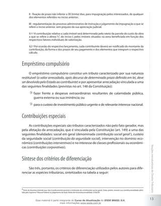 II - fixação de prazo não inferior a 30 (trinta) dias, para impugnação pelos interessados, de qualquer
         dos elementos referidos no inciso anterior;

         III - regulamentação do processo administrativo de instrução e julgamento da impugnação a que se
         refere o inciso anterior, sem prejuízo da sua apreciação judicial.

         §1.º A contribuição relativa a cada imóvel será determinada pelo rateio da parcela do custo da obra
         a que se refere a alínea “c”, do inciso I, pelos imóveis situados na zona beneficiada em função dos
         respectivos fatores individuais de valorização.

         §2.º Por ocasião do respectivo lançamento, cada contribuinte deverá ser notificado do montante da
         contribuição, da forma e dos prazos de seu pagamento e dos elementos que integram o respectivo
         cálculo.



Empréstimo compulsório
      O empréstimo compulsório constitui um tributo caracterizado por sua natureza
restituível (o valor arrecadado, após decurso de determinado prazo definido em lei, deve
ser devolvido pelo Estado ao contribuinte) e por apresentar arrecadação vinculada a uma
das seguintes finalidades (previstas no art. 148 da Constituição):

               fazer frente a despesas extraordinárias resultantes de calamidade pública,
               guerra externa ou sua iminência; ou

               para o custeio de investimento público urgente e de relevante interesse nacional.


Contribuições especiais
      As contribuições especiais são tributos caracterizados não pelo fato gerador, mas
pela afetação da arrecadação, que é vinculada pela Constituição (art. 149) a uma das
seguintes finalidades: social em geral (denominada contribuição social geral2), custeio
da seguridade social (contribuição da seguridade social), intervenção no domínio eco-
nômico (contribuições interventivas) e no interesse de classes profissionais ou econômi-

                                                                                                                                                                  Noções introdutórias de Direito Tributário
cas (contribuições corporativas).


Síntese dos critérios de diferenciação
     São três, portanto, os critérios de diferenciação utilizados pelos autores para dife-
renciar as espécies tributárias, sintetizados na tabela a seguir:



2
  Parte da doutrina entende que não é juridicamente possível a instituição de contribuições sociais gerais. Estas, porém, tiveram sua constitucionalidade admi-
tida pelo Supremo Tribunal Federal no julgamento da Ação Direta de Inconstitucionalidade 2.556/DF.



                  Esse material é parte integrante do Curso de Atualização do IESDE BRASIL S/A,
                                                                                                                                                                  13
                                         mais informações www.iesde.com.br
 