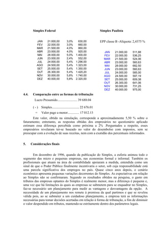 Simples Federal                                            Simples Paulista


           JAN      21.000,00         3,0%       630,00            EPP classe B -Alíquota: 2,4375 %
           FEV      22.000,00         3,0%       660,00
           MAR      21.500,00         4,0%       860,00
           ABR      23.000,00         4,0%       920,00              JAN     21.000,00    511,88
           MAI      28.000,00         5,0%     1.400,00              FEV     22.000,00    536,25
           JUN      23.000,00         2,4%       552,00              MAR     21.500,00    524,06
           JUL      24.000,00         5,4%     1.296,00              ABR     23.000,00    560,63
           AGO      24.500,00         5,4%     1.323,00              MAI     28.000,00    682,50
           SET      25.000,00         5,4%     1.350,00              JUN     23.000,00    560,63
           OUT      26.300,00         5,4%     1.420,20              JUL     24.000,00    585,00
           NOV      30.000,00         5,8%     1.740,00              AGO     24.500,00    597,19
           DEZ      40.000,00         5,8%     2.320,00              SET     25.000,00    609,38
                                                                     OUT     26.300,00    641,06
                                                                     NOV     30.000,00    731,25
                                                                     DEZ     40.000,00    975,00
4.4.    Comparação entre as formas de tributação
         Lucro Presumido........................ 39 688.04

        (-)   Simples................................. 22 676.01
          =   Valor pago a menor.............. 17 012.13
       Este valor, obtido na simulação, corresponde a aproximadamente 5,50 % sobre o
faturamento; entretanto, as respostas obtidas dos empresários no questionário aplicado
estimam essa diferença percebida como próxima a 2% .Perguntados a respeito, esses
empresários revelaram ter-se baseado no valor do desembolso com impostos, sem se
preocupar com a evolução de suas receitas, nem com a exatidão dos percentuais informados.


5.     Considerações finais


        Em dezembro de 1996, quando da publicação do Simples, a euforia animou todo o
segmento das micro e pequenas empresas, nas economias formal e informal. Também os
profissionais que atuam na área de contabilidade apoiaram a medida, entendida como um
sinal de que o Poder Público finalmente incentivaria o setor, sob cuja responsabilidade está
uma parcela significativa dos empregos no país. Quase cinco anos depois, o cenário
econômico apresenta pequenas variações decorrentes do Simples. As expectativas em relação
ao Simples não se confirmaram. Segundo os resultados obtidos na pesquisa, o gasto em
tributos das empresas optantes do Simples é realmente menor, mas a diferença é pequena e,
uma vez que há limitações às quais as empresas se submetem para se enquadrar no Simples,
faz-se necessário um planejamento para medir as vantagens e desvantagens da opção. A
necessidade de um planejamento nos remete à premissa da qual partimos e que se revelou
válida pois, ao se submeter a um cuidadoso planejamento, a empresa terá as informações
necessárias para tomar decisões acertadas em relação à forma de tributação, a fim de diminuir
o valor despendido em tributos, mantendo-se estritamente dentro dos parâmetros legais.
 
