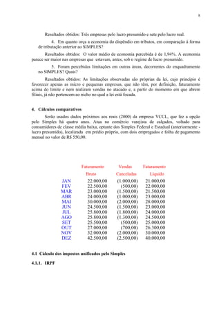 8




       Resultados obtidos: Três empresas pelo lucro presumido e sete pelo lucro real.
           4. Em quanto orça a economia do dispêndio em tributos, em comparação à forma
   de tributação anterior ao SIMPLES?
       Resultados obtidos: O valor médio de economia percebida é de 1,94%. A economia
parece ser maior nas empresas que estavam, antes, sob o regime de lucro presumido.
         5. Foram percebidas limitações em outras áreas, decorrentes do enquadramento
   no SIMPLES? Quais?
          Resultados obtidos: As limitações observadas são próprias da lei, cujo princípio é
favorecer apenas as micro e pequenas empresas, que não têm, por definição, faturamento
acima do limite e nem realizam vendas no atacado e, a partir do momento em que abrem
filiais, já não pertencem ao nicho no qual a lei está focada.


4. Cálculos comparativos
       Serão usados dados próximos aos reais (2000) da empresa VCCL, que fez a opção
pelo Simples há quatro anos. Atua no comércio varejista de calçados, voltado para
consumidores de classe média baixa, optante dos Simples Federal e Estadual (anteriormente -
lucro presumido), localizada em prédio próprio, com dois empregados e folha de pagamento
mensal no valor de R$ 550,00.




                           Faturamento          Vendas       Faturamento
                             Bruto            Canceladas         Líquido
                JAN           22.000,00        (1.000,00)      21.000,00
                FEV           22.500,00          (500,00)      22.000,00
                MAR           23.000,00        (1.500,00)      21.500,00
                ABR           24.000,00        (1.000,00)      23.000,00
                MAI           30.000,00        (2.000,00)      28.000,00
                JUN           24.500,00        (1.500,00)      23.000,00
                JUL           25.800,00        (1.800,00)      24.000,00
                AGO           25.800,00        (1.300,00)      24.500,00
                SET           25.500,00          (500,00)      25.000,00
                OUT           27.000,00          (700,00)      26.300,00
                NOV           32.000,00        (2.000,00)      30.000,00
                DEZ           42.500,00        (2.500,00)      40.000,00


4.1 Cálculo dos impostos unificados pelo Simples

4.1.1. IRPF
 