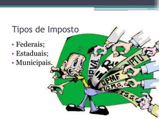 Tipos de Imposto
• Federais;
• Estaduais;
• Municipais.
 