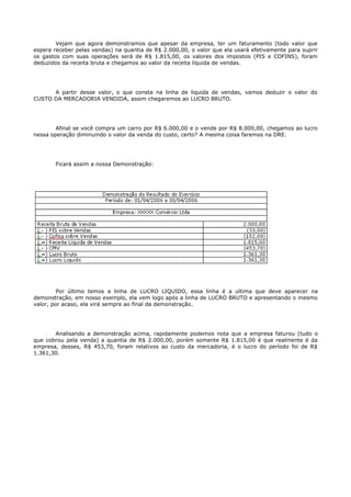 Vejam que agora demonstramos que apesar da empresa, ter um faturamento (todo valor que
espera receber pelas vendas) na quantia de R$ 2.000,00, o valor que ela usará efetivamente para suprir
os gastos com suas operações será de R$ 1.815,00, os valores dos impostos (PIS e COFINS), foram
deduzidos da receita bruta e chegamos ao valor da receita líquida de vendas.




      A partir desse valor, o que consta na linha de liquida de vendas, vamos deduzir o valor do
CUSTO DA MERCADORIA VENDIDA, assim chegaremos ao LUCRO BRUTO.




        Afinal se você compra um carro por R$ 6.000,00 e o vende por R$ 8.000,00, chegamos ao lucro
nessa operação diminuindo o valor da venda do custo, certo? A mesma coisa faremos na DRE.




       Ficará assim a nossa Demonstração:




         Por último temos a linha de LUCRO LIQUIDO, essa linha é a ultima que deve aparecer na
demonstração, em nosso exemplo, ela vem logo após a linha de LUCRO BRUTO e apresentando o mesmo
valor, por acaso, ela virá sempre ao final da demonstração.




       Analisando a demonstração acima, rapidamente podemos nota que a empresa faturou (tudo o
que cobrou pela venda) a quantia de R$ 2.000,00, porém somente R$ 1.815,00 é que realmente é da
empresa, desses, R$ 453,70, foram relativos ao custo da mercadoria, é o lucro do período foi de R$
1.361,30.
 