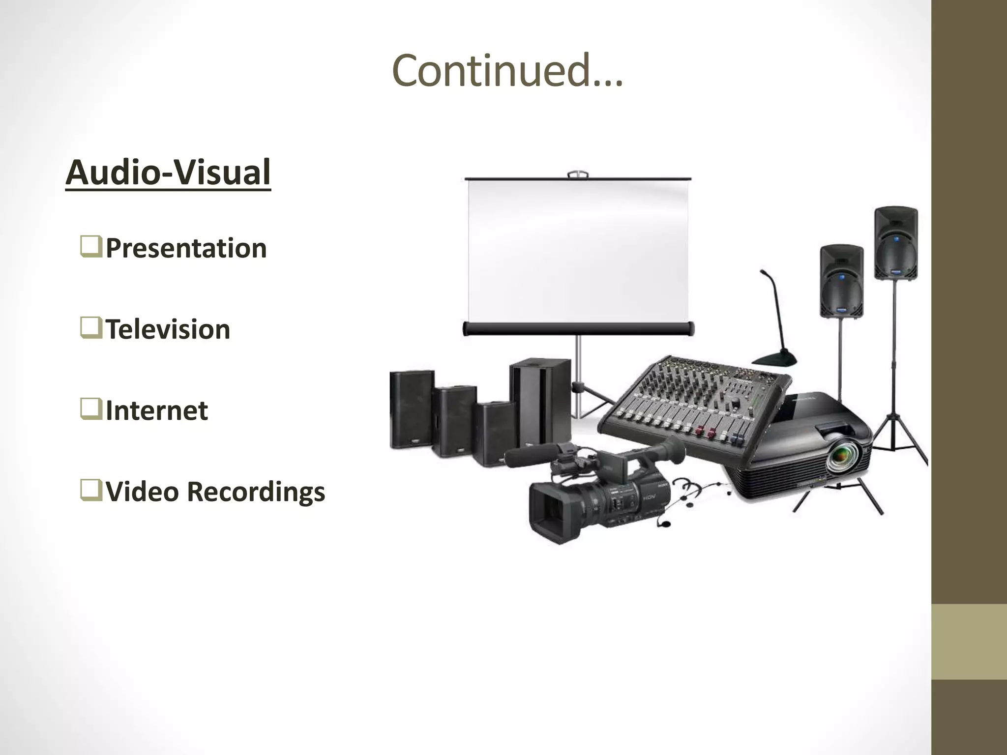 Continued…
Audio-Visual
Presentation
Television
Internet
Video Recordings
 